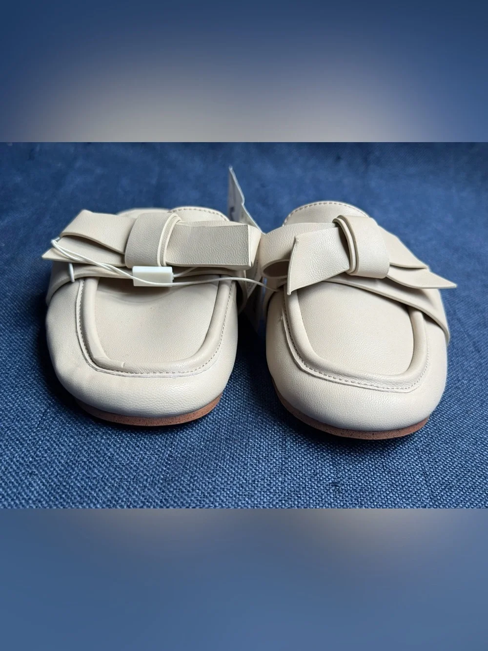 Zara Kids NWT Bow Flat Mules Beige Faux Leather Slip On Loafer Shoes Size US 12.